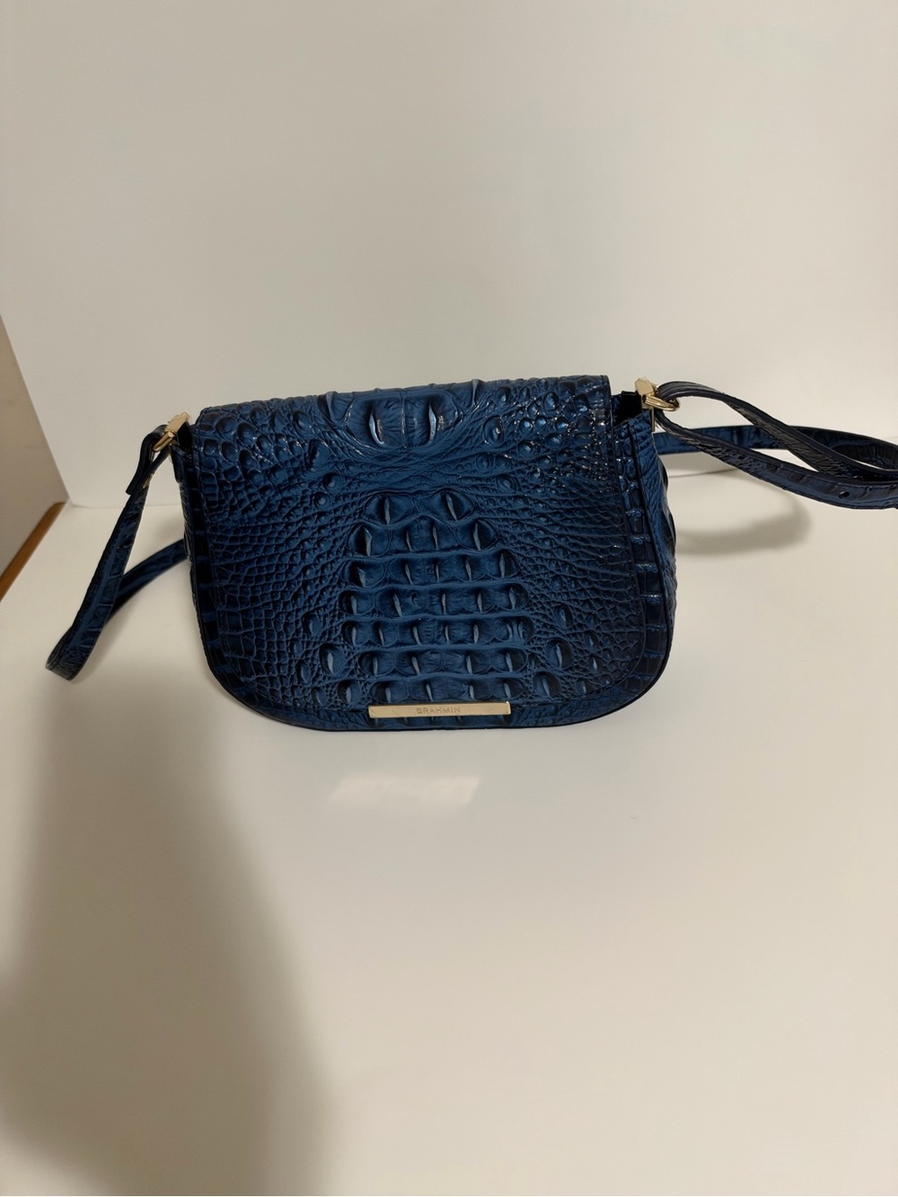 Brahmin Navy Croc-Embossed Crossbody with Gold Accent